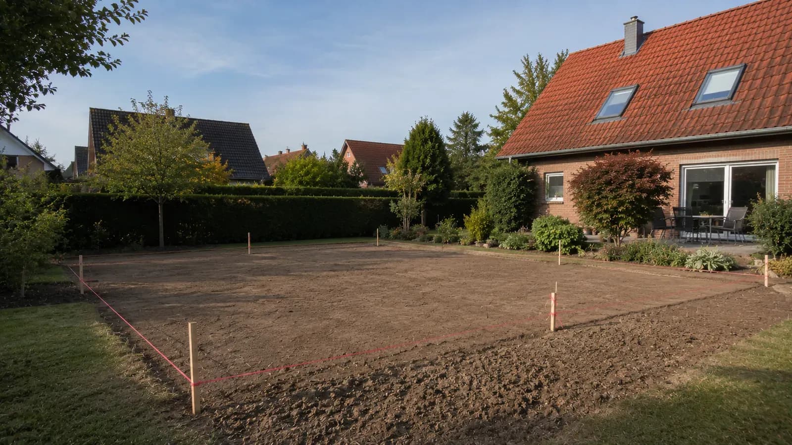 Unbebautes Grundstück wird für ein Bauvorhaben vorbereitet und vermessen