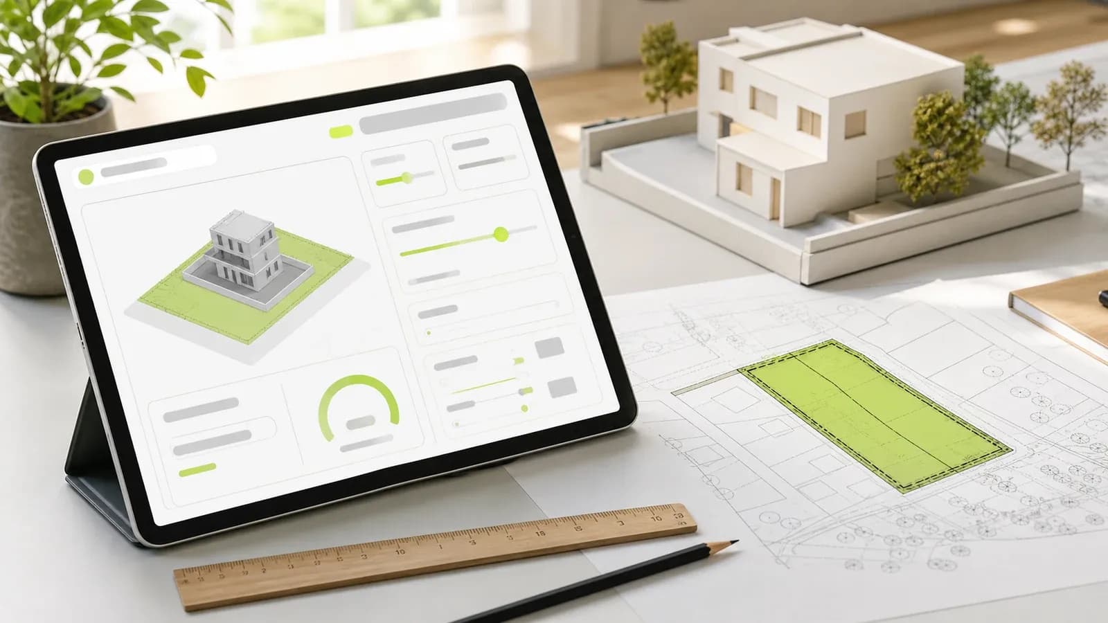 Tablet mit digitalem GRZ/GFZ-Rechner neben Hausmodell und Bebauungsplan auf dem Schreibtisch