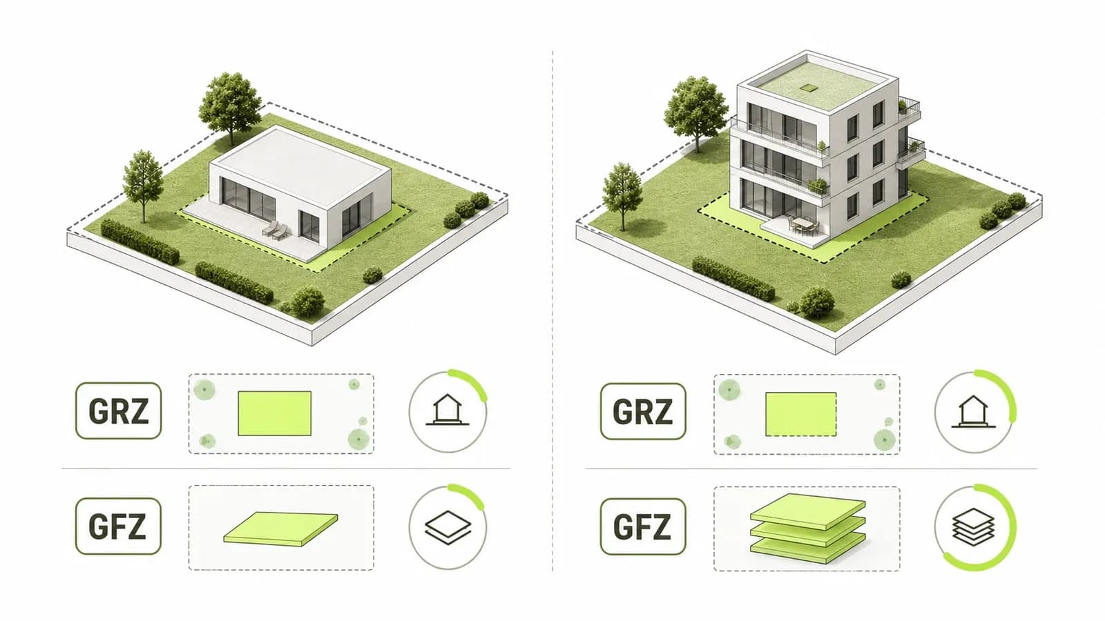 Infografik: gleiches Grundstück und gleiche GRZ, aber unterschiedliche GFZ — eingeschossiger Bungalow und dreigeschossiges Haus im Vergleich